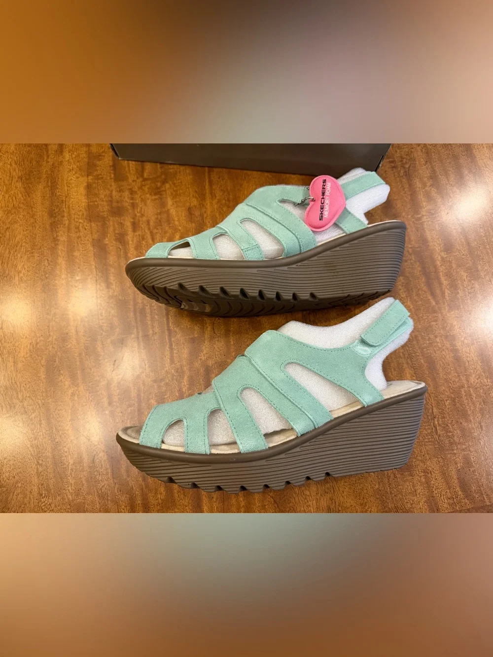 SKECHERS women’s Parallel Stylin Suede Wedge Mint Green Sandals